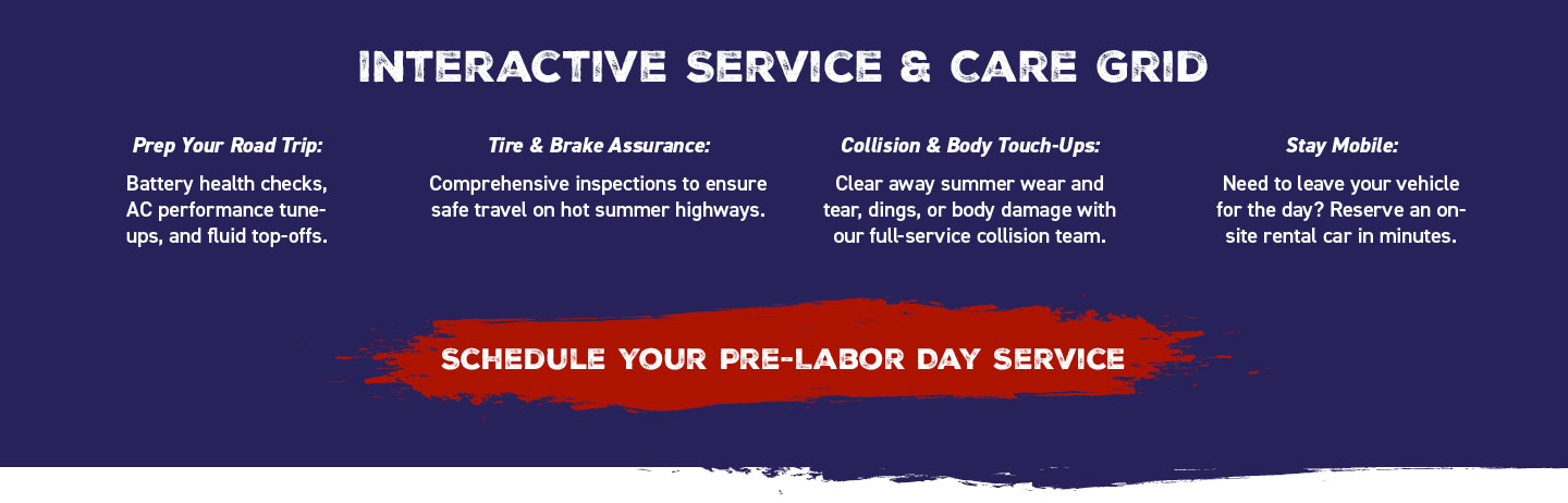 Interactive service & care grid at Hemet Auto Mall: road trip prep, tire & brake assurance, collision & body touch-ups, and on-site rental cars