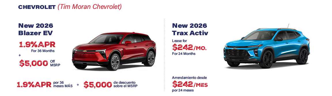 Tim Moran Chevrolet July 4th new vehicle specials Blazer EV and Trax Activ