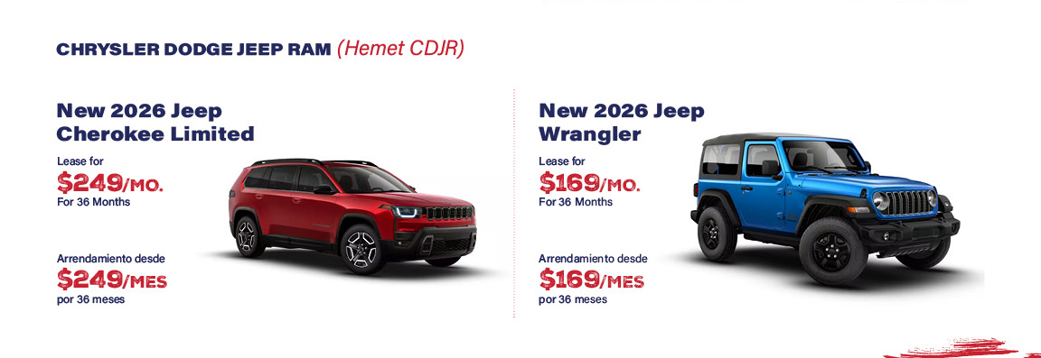 Hemet CDJR Jeep Cherokee and Jeep Wrangler lease specials