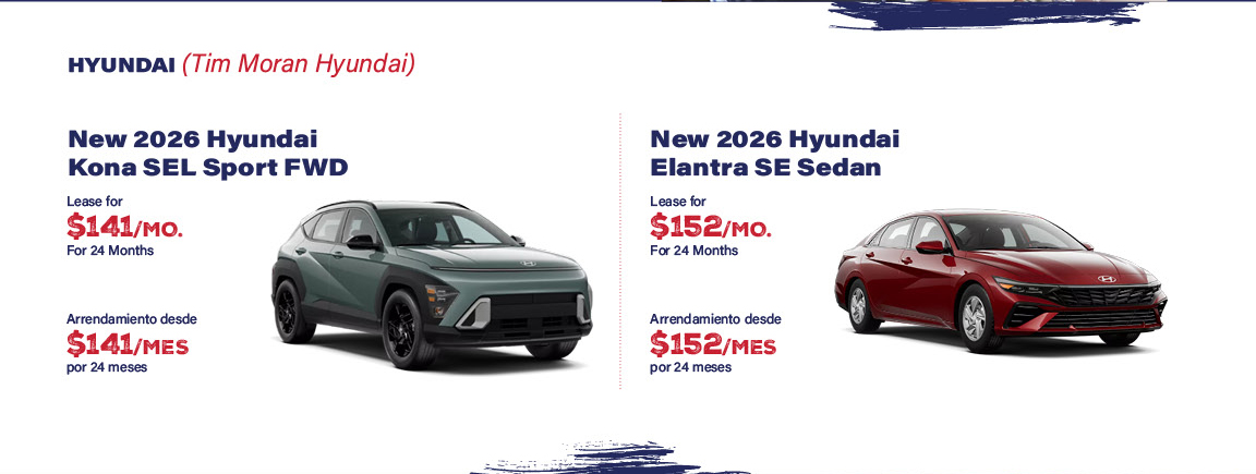 Tim Moran Hyundai Kona and Elantra July 4th lease specials