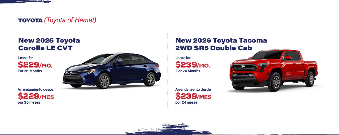 Toyota of Hemet Corolla and Tacoma July 4th lease specials