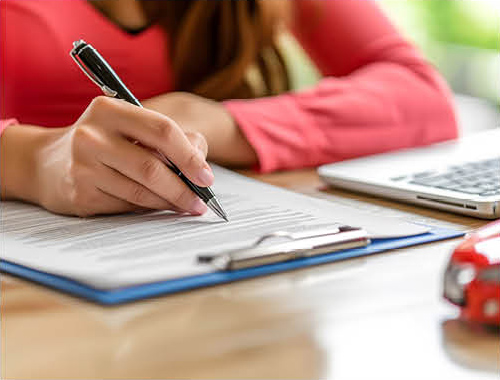 Customer signing paperwork for auto loan or vehicle financing agreement
