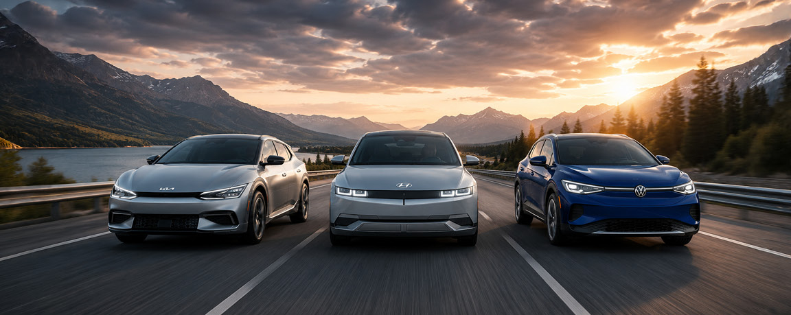 Kia EV6, Hyundai IONIQ 5, and Volkswagen ID.4 electric vehicles driving side by side on a scenic mountain highway