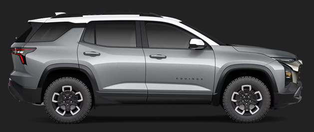 Side profile of gray Chevrolet Equinox against dark background