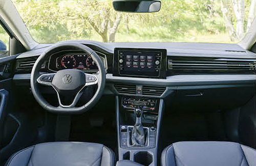 Interior dashboard and cockpit of Volkswagen Jetta with infotainment display