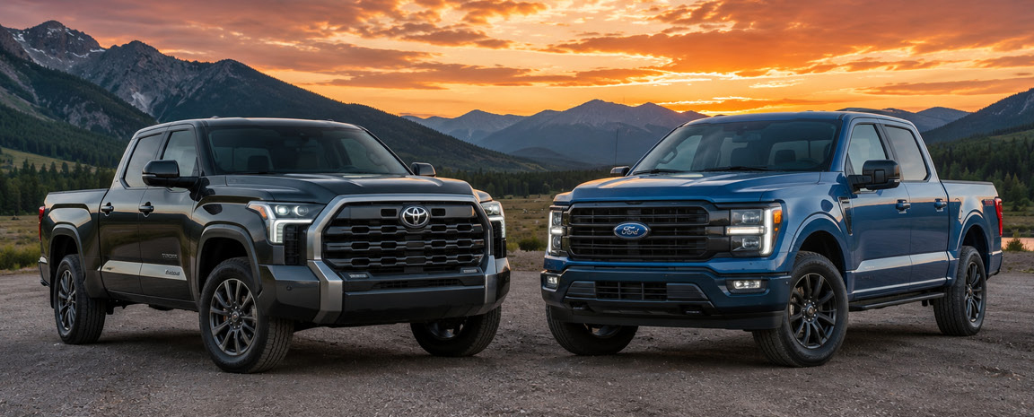 Toyota Tundra and Ford F-150 side-by-side in a mountain setting highlighting full-size pickup truck comparison in capability, design, and performance