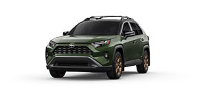 Green Toyota RAV4 front angle on white background