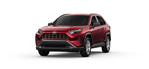 Red Toyota RAV4 front angle on white background