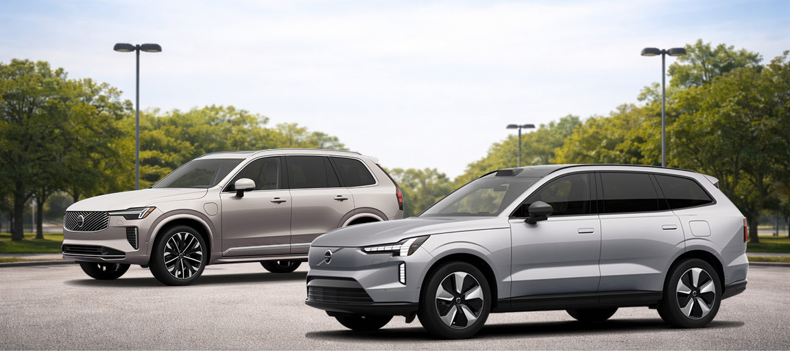 Two Volvo electric SUVs parked side by side in outdoor setting