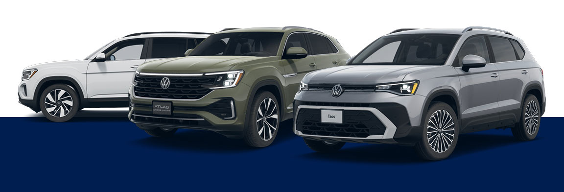 Volkswagen SUV lineup including Atlas and Taos models in studio setting