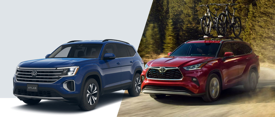 Volkswagen Atlas and Toyota Highlander SUV comparison side by side driving and studio view