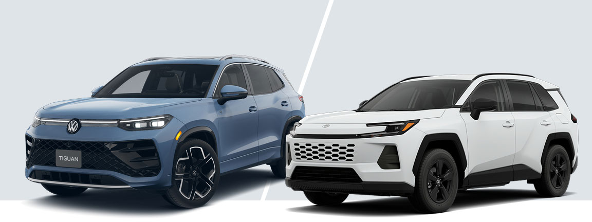 2026 Volkswagen Tiguan and Toyota RAV4 compact SUV comparison showing front exterior design and styling differences