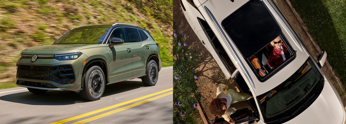 2026 Volkswagen Tiguan and Volkswagen Atlas lifestyle comparison with panoramic sunroof and road-trip adventure scene