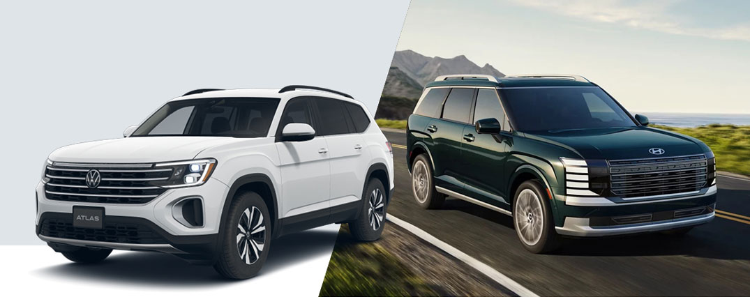 Volkswagen Atlas vs Hyundai Palisade comparison showcasing exterior design, size, and three-row SUV styling