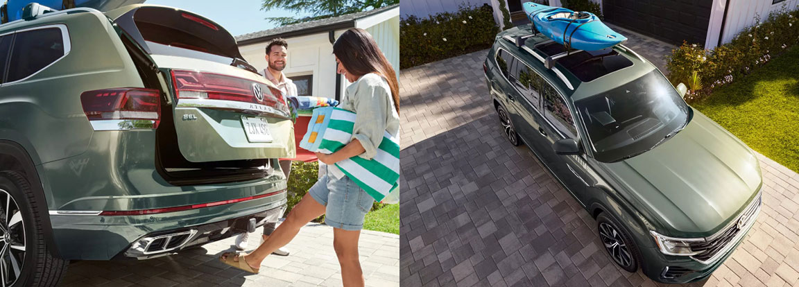 Family loading beach gear into a Volkswagen Atlas while showcasing cargo capacity and roof rack versatility