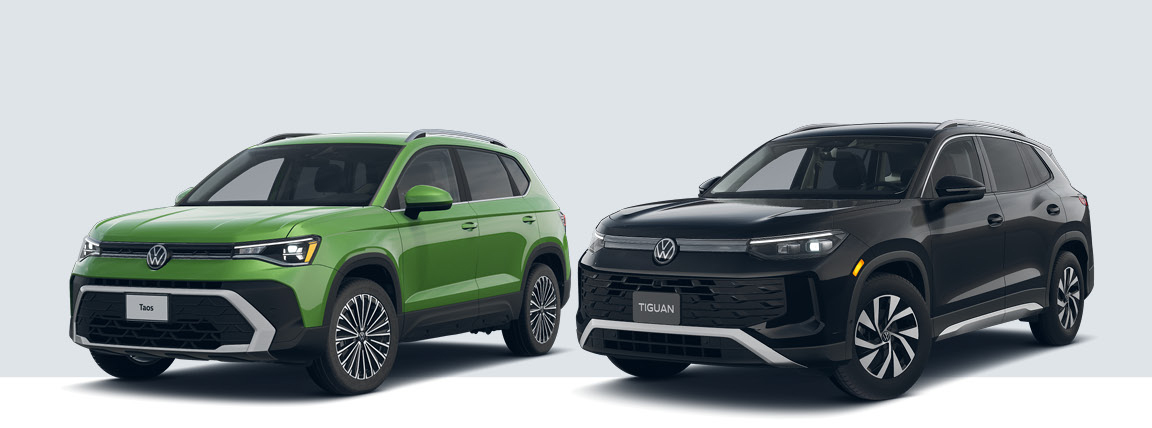 Volkswagen Taos and Volkswagen Tiguan comparison showcasing compact and midsize SUV options, styling differences, and family-friendly versatility