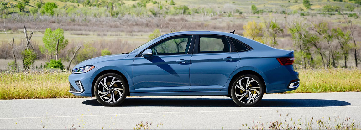 Volkswagen Jetta side profile showcasing sleek proportions, aerodynamic design, and everyday driving practicality