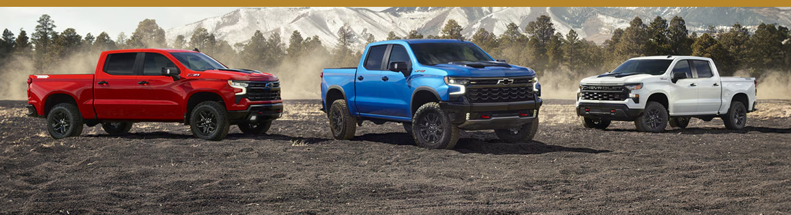 Chevrolet Silverado truck lineup in red blue and white parked on rugged landscape