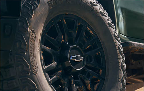 Close-up of Chevrolet Silverado off-road wheel and tire