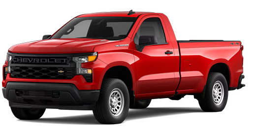 red Chevrolet Silverado Regular Cab pickup truck on a studio background