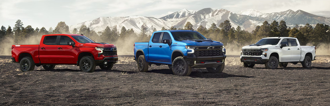 Chevrolet Silverado pickup truck lineup featuring multiple trims and configurations