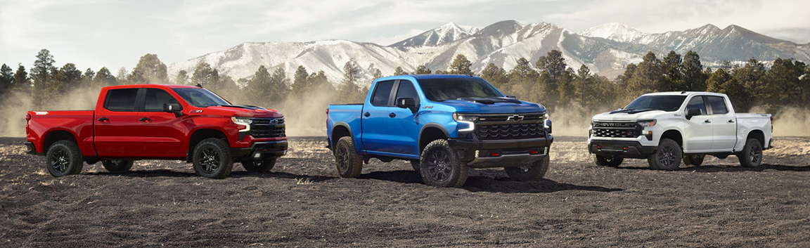 Chevrolet Silverado pickup truck lineup featuring multiple trims and configurations