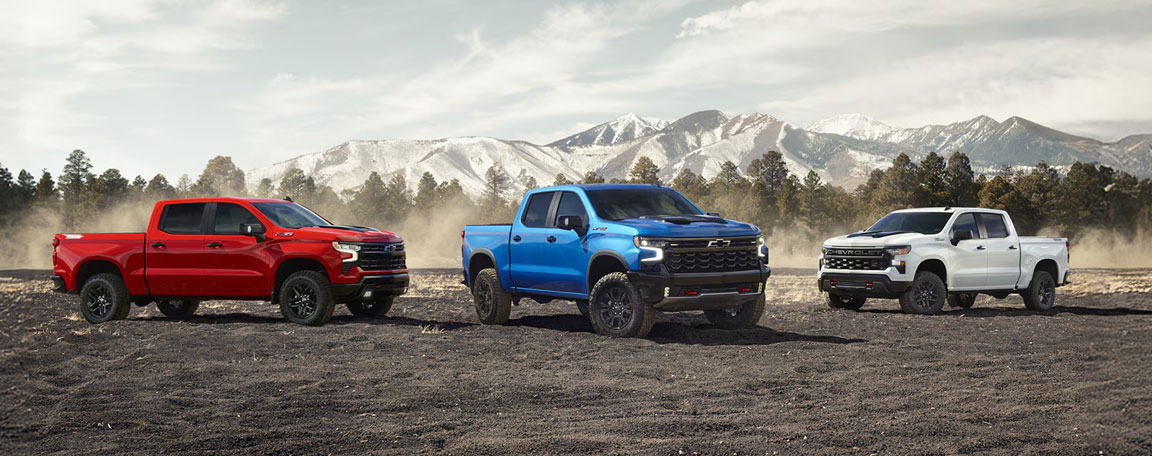 Chevrolet Silverado lineup comparison featuring multiple trim levels, showcasing pickup truck capability, styling options, and performance choices