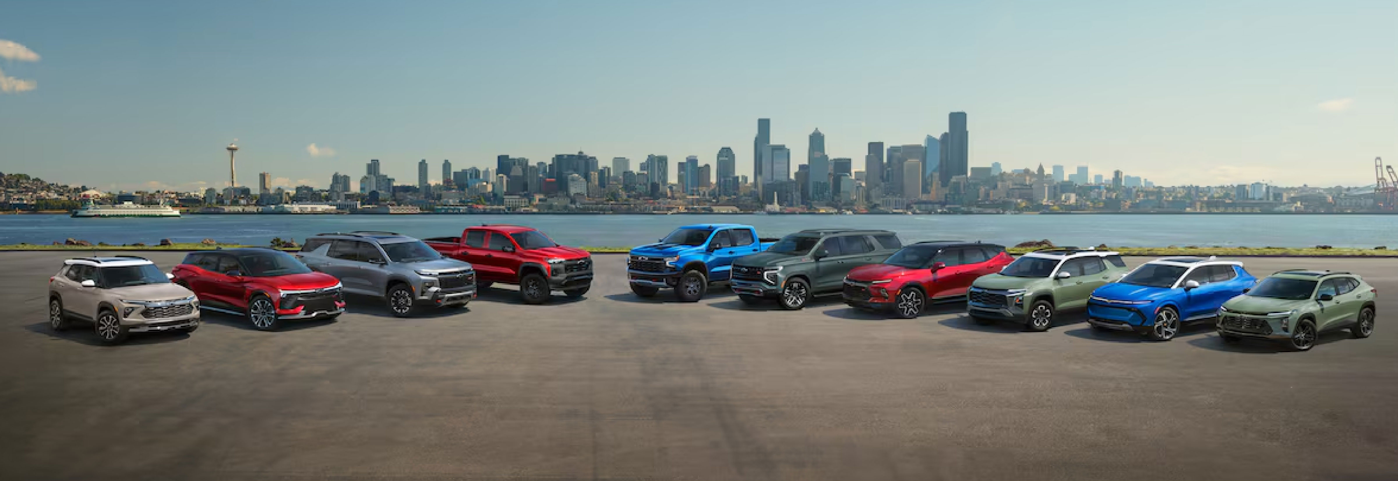 Immaculate rows of brand new Chevrolet vehicles.